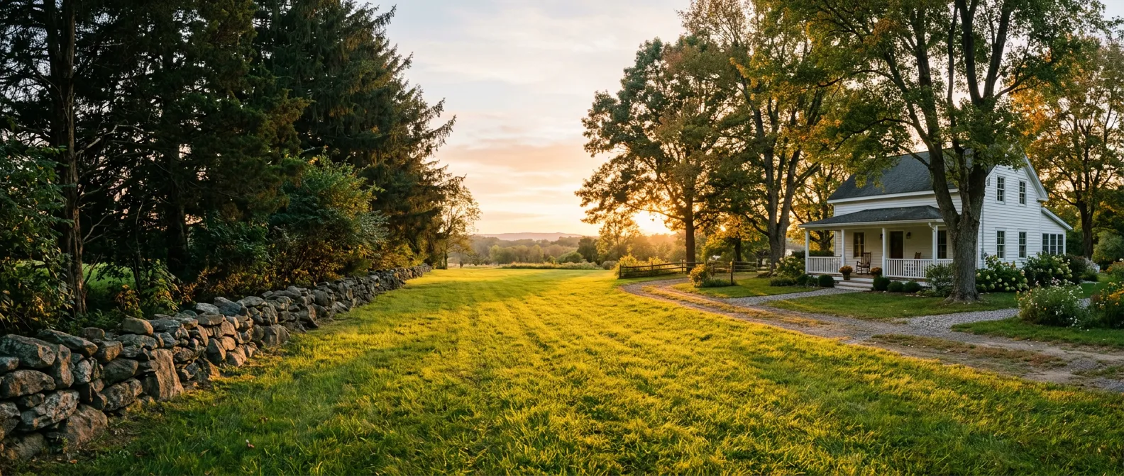 Golden hour view of a rural New Jersey farmhouse lawn bordered by a stone wall and mature shade trees
