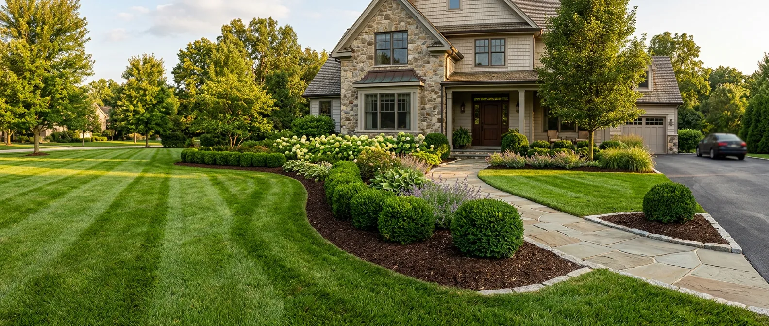 Freshly edged mulch bed with a steel spade beside a sunlit striped lawn on a New Jersey property