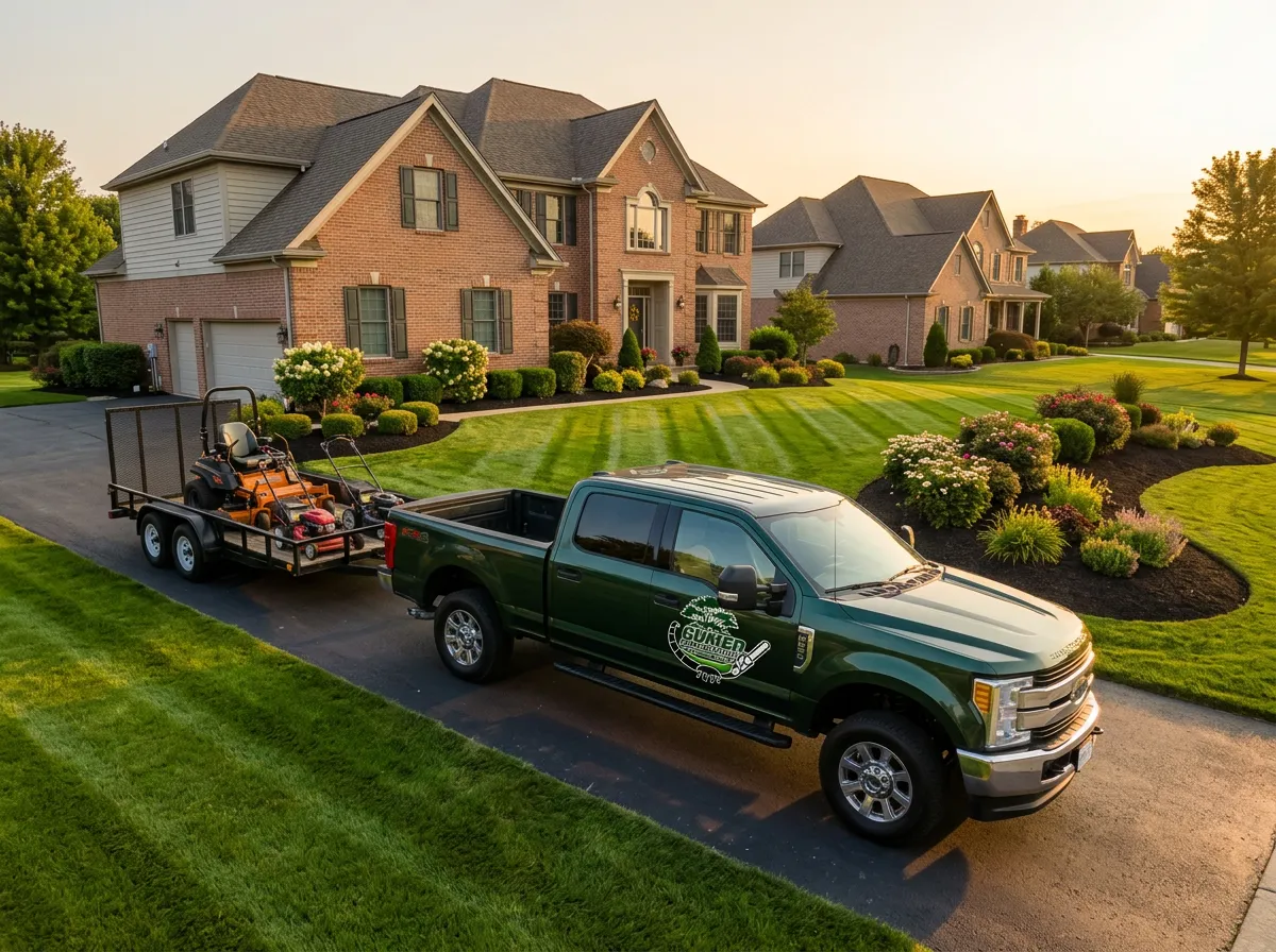 Creation Landscapes branded pickup truck and mower trailer parked at a maintained Sussex County property