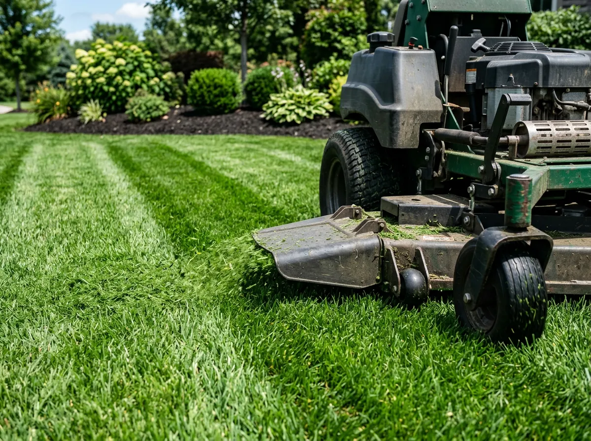 Commercial mower cutting crisp stripes into a lush green lawn beside mulched shrub beds