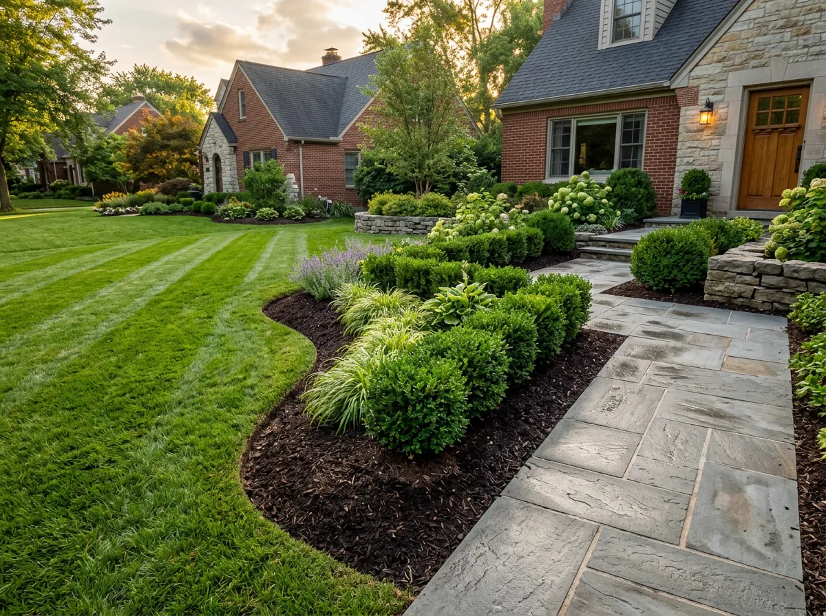 Finished residential landscape with crisply edged mulch beds, trimmed hedges and a swept stone walkway