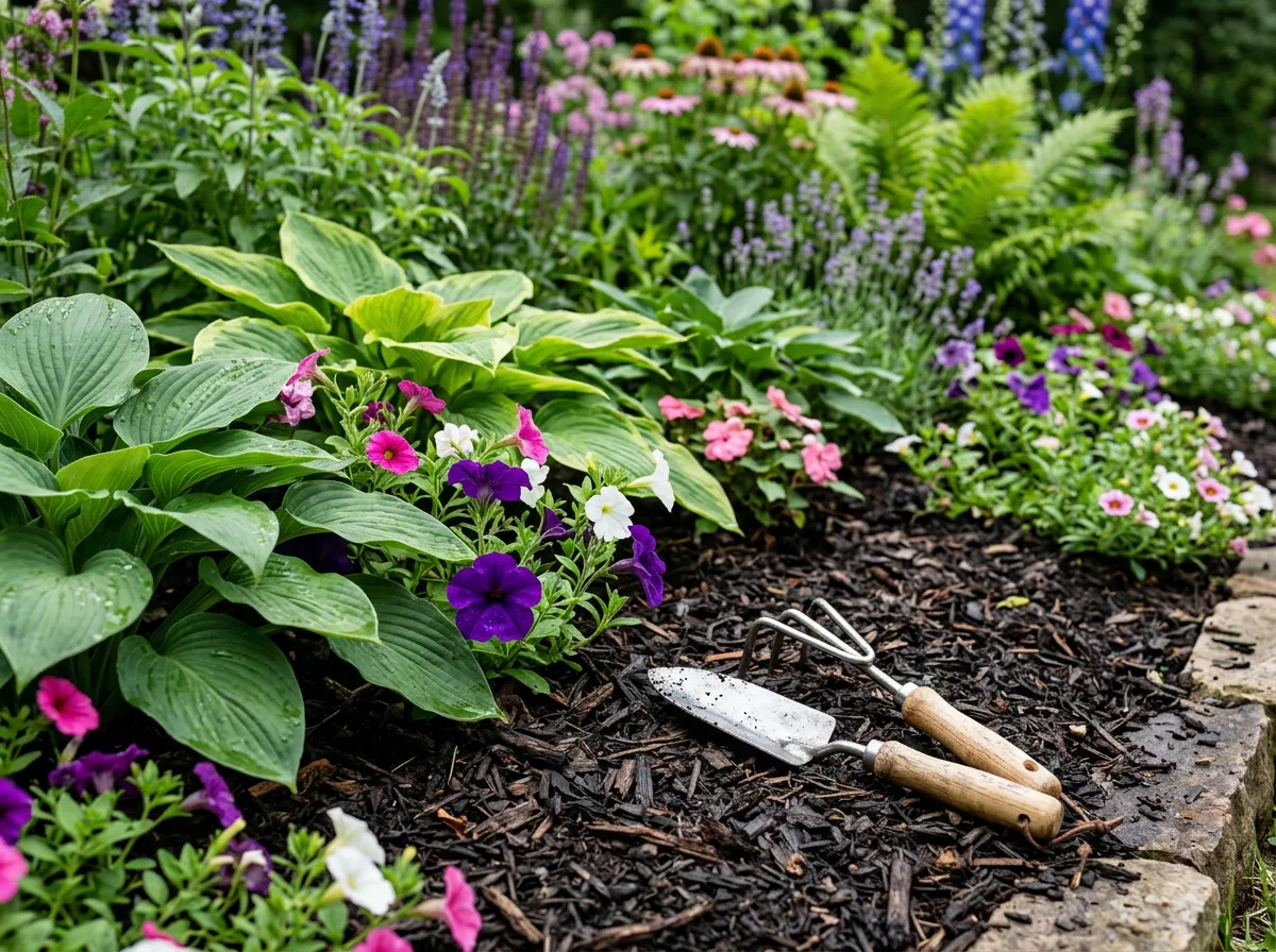 Gloved gardener hands setting a young perennial into dark soil with a stainless hand trowel in a mulched garden bed