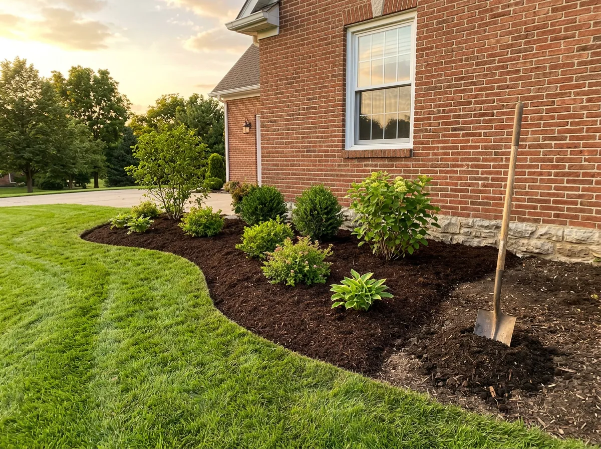 Gloved landscaper hands cutting a crisp edge between a dark mulch bed and green lawn with a steel half-moon bed edger