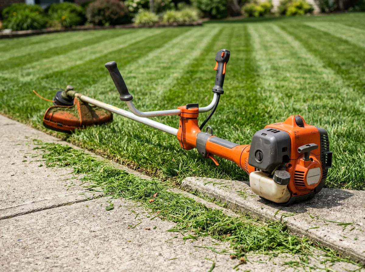 Gloved hands running a gas string trimmer along a concrete walkway edge, cutting tall grass beside a manicured suburban lawn