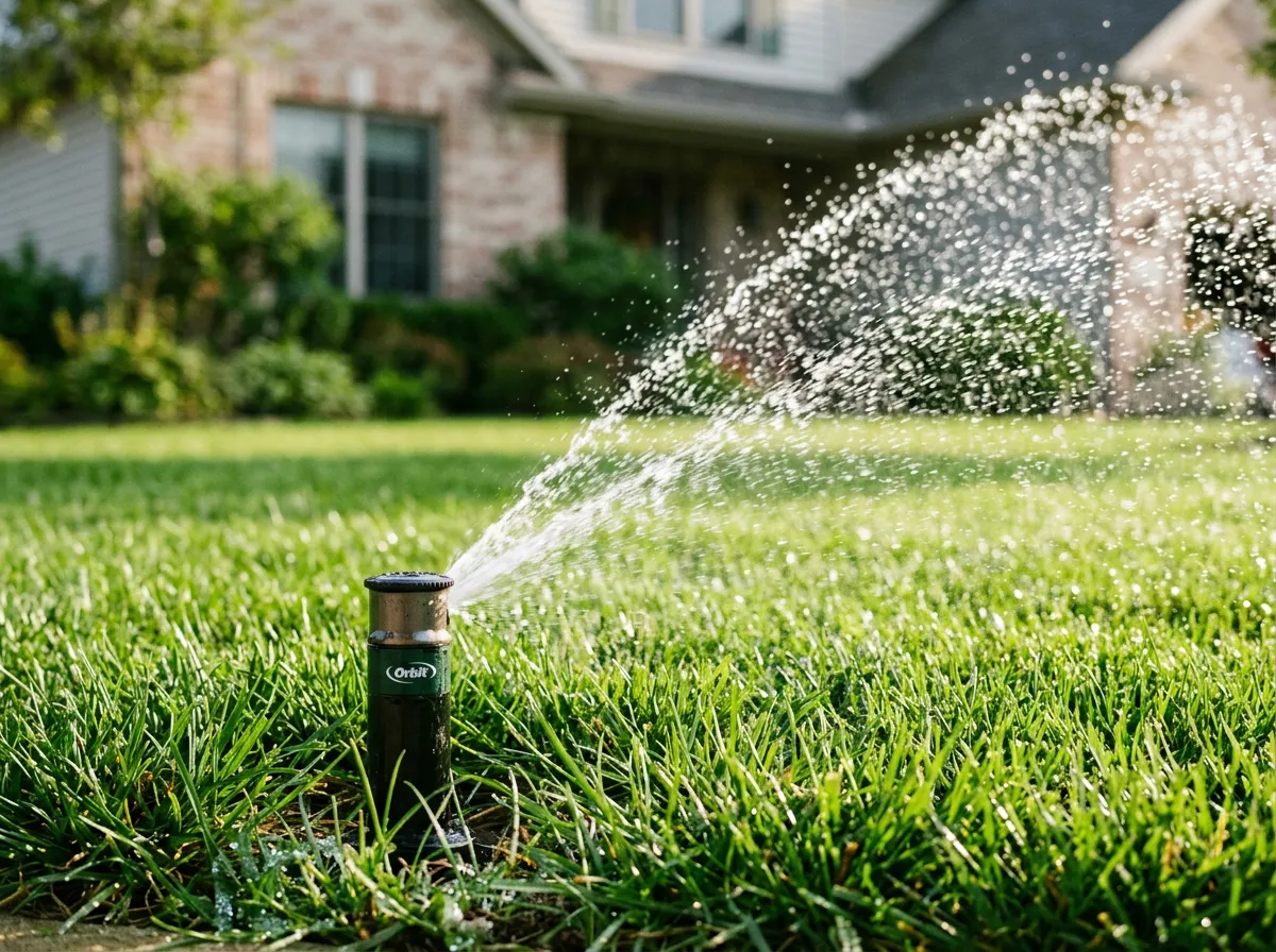 Gloved hand adjusting a black pop-up lawn sprinkler head with an irrigation adjustment key as water sprays across green turf