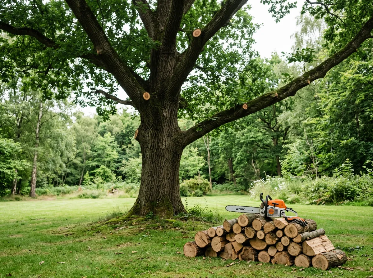 Gloved hands pruning a live hardwood tree limb with long-handled bypass loppers in a wooded New Jersey yard
