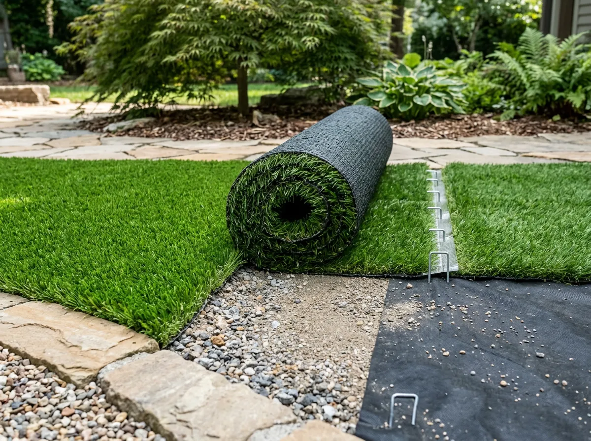 Gloved installer hands trimming a roll of synthetic grass with a hooked turf cutting knife over a compacted gravel base