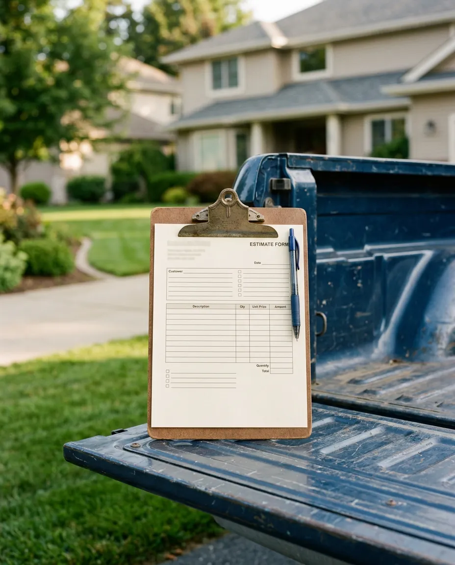 Contractor writing a landscaping estimate on a clipboard in front of a suburban home