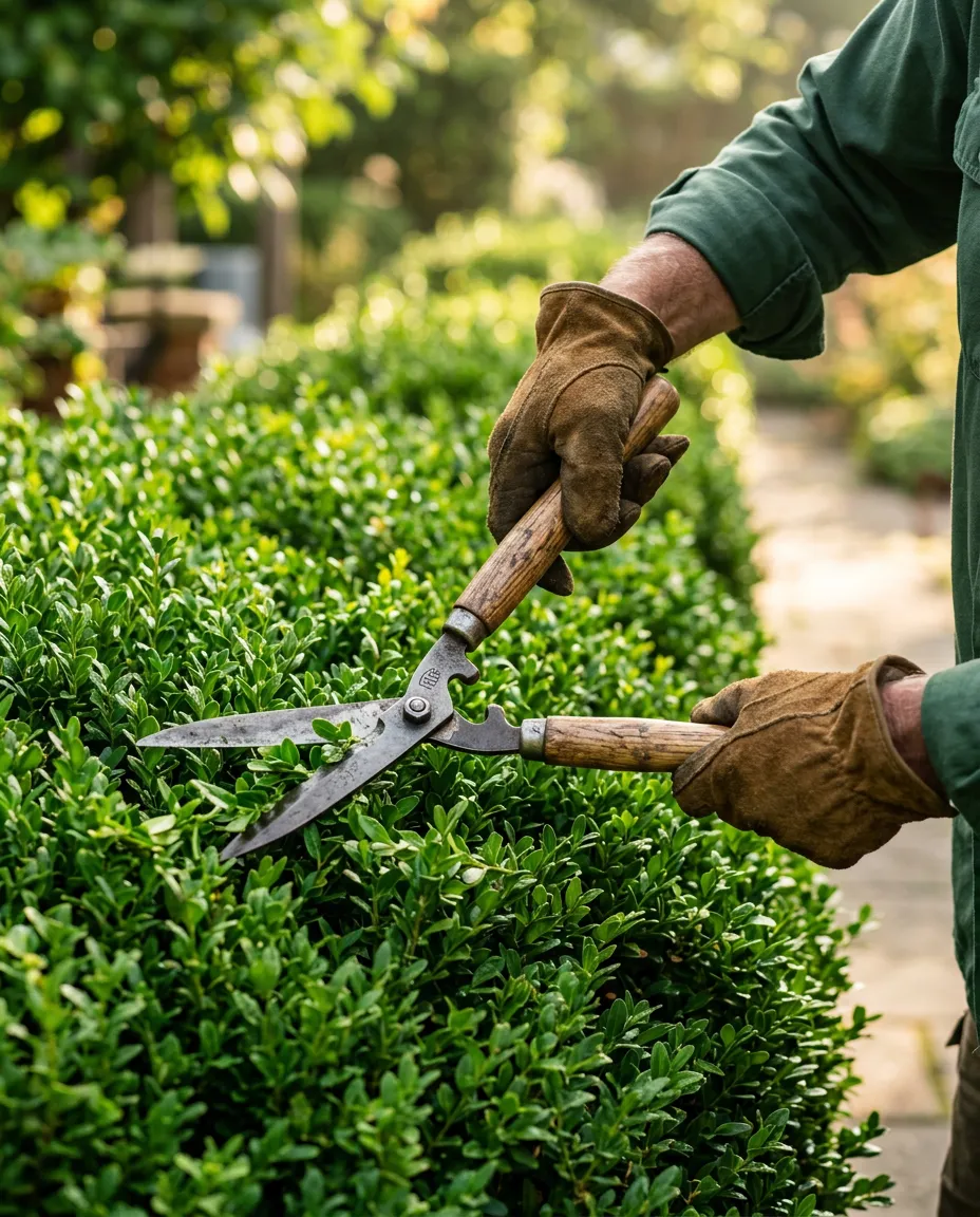 Gloved hands using hedge shears to shape a green boxwood hedge