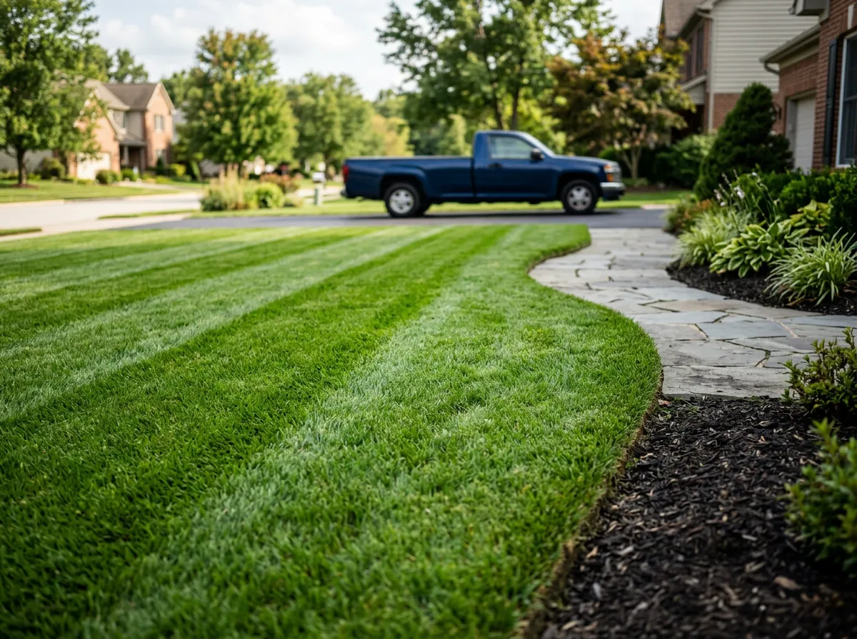 Landscaper's hands gripping the handlebar of a commercial walk-behind mower on a freshly striped lawn